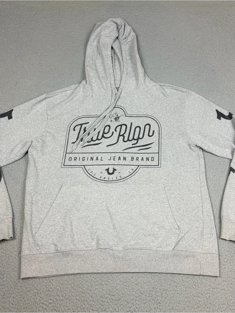 True Religion Hoodie Mens Large Light Gray Logo Drawstring Pockets Pullover